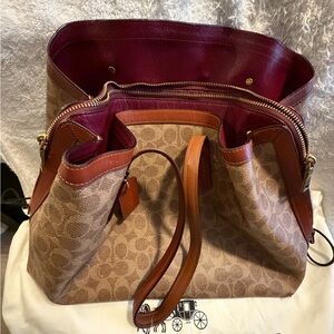 Coach Signature Canvas Shoulder Bag with Tan and Burgundy Accents